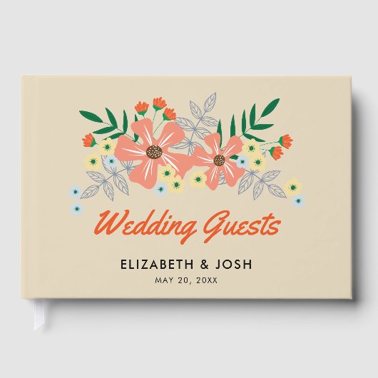 オレンジ色の手描き結婚の花 ゲストブック (正面)