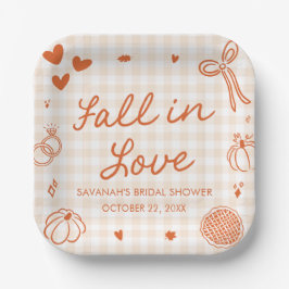 オレンジ色の手描きFall in Loveブライダルシャワー ペーパープレート