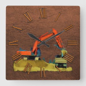 オレンジ色の掘削機と黄色のダンプトラックの壁時計 スクエア壁時計 (正面)