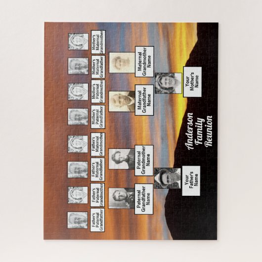 オレンジ色の日没に四世代の家族の木の写真 ジグソーパズル (縦)