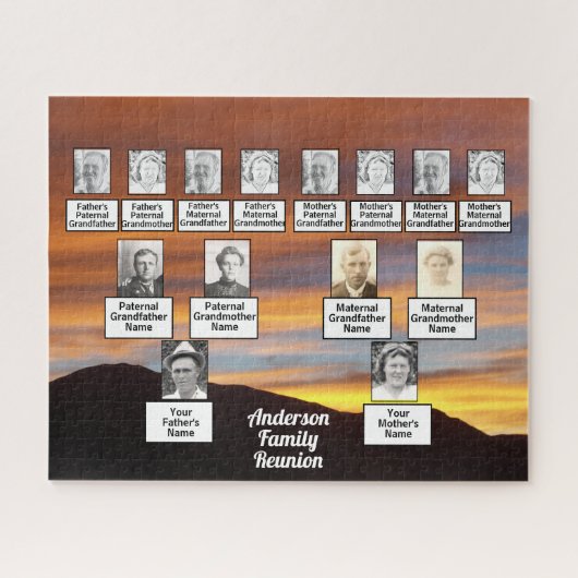 オレンジ色の日没に四世代の家族の木の写真 ジグソーパズル (横)