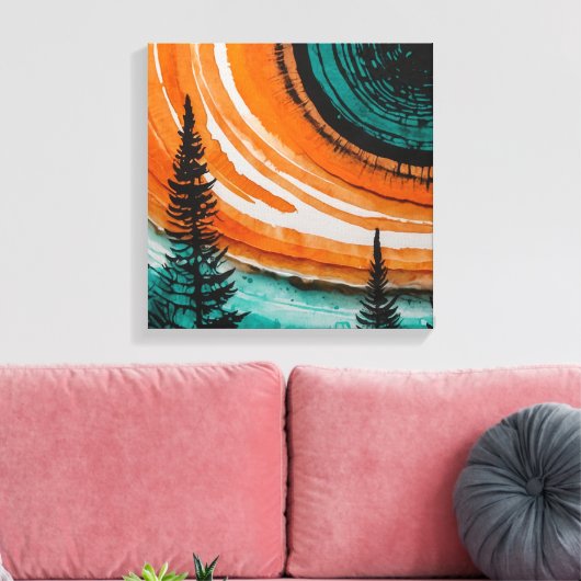 オレンジ色の日没の森の水彩画 キャンバスプリント (インサイチュ (リビング))
