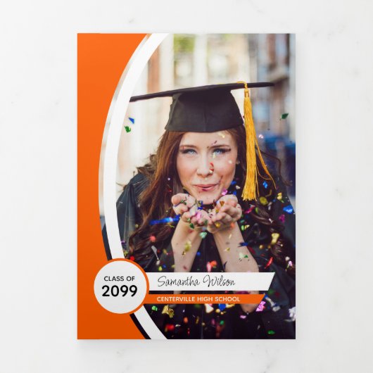 オレンジ色の曲線のフレーム3枚の写真の卒業 三つ折り招待状 (カバー)