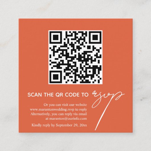 オレンジ色の書道QRコードRSVP写真結婚の エンクロージャーカード (正面)