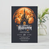 オレンジ色の月と幽霊城 ハロウィンパーティーの招待状 招待状 (スタンド正面)