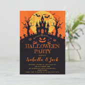 オレンジ色の月と幽霊城 ホロウィンパーティー招待状 招待状 (スタンド正面)