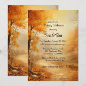 オレンジ色の木の葉の落ちる季節のウェディングセレブレーション 招待状 (正面/裏面)