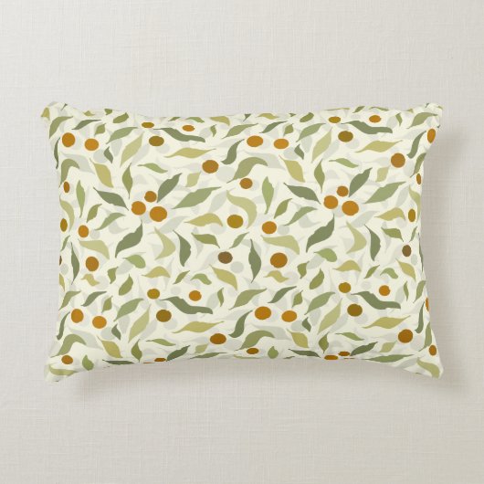 オレンジ色の果実葉とクリームのパターン。 アクセントクッション (正面)