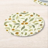 オレンジ色の果実葉とクリームのパターン。 ラウンドペーパーコースター (アングル)