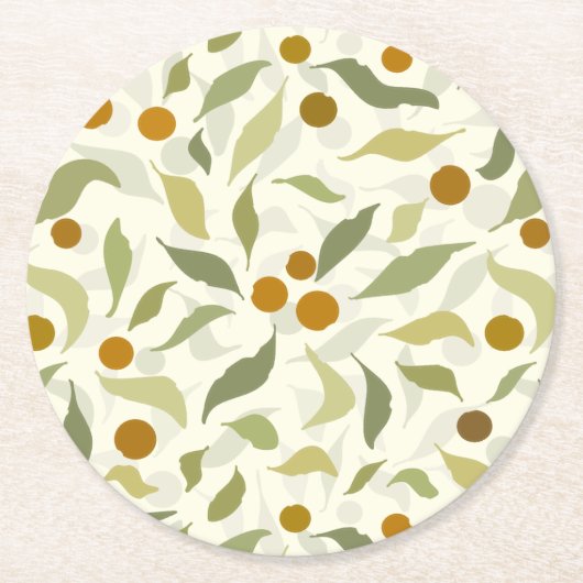 オレンジ色の果実葉とクリームのパターン。 ラウンドペーパーコースター (正面)