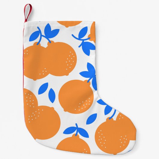オレンジ色の果実:絶妙な青の曲がったパターン。 スモールクリスマスストッキング (正面)