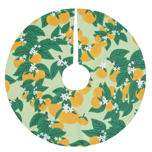 オレンジ色の果実:緑のヴィンテージパターン。 ブラッシュドポリエステルツリースカート (正面)