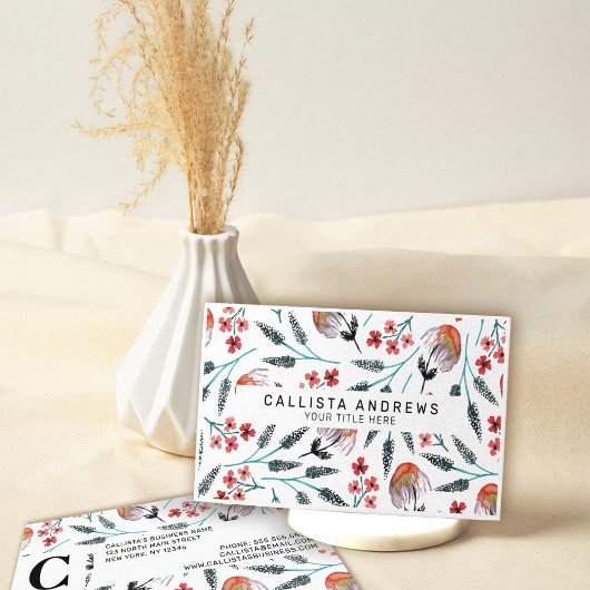 オレンジ色の枝付き花水彩パターン 名刺