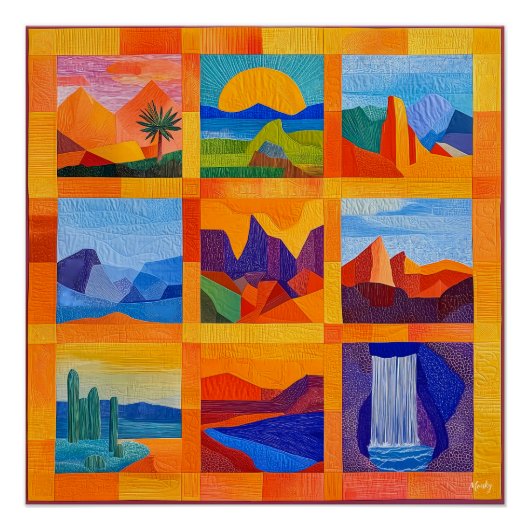 オレンジ色の枠を持つ砂漠のアートグリッド – ジオメトカラフルリ ポスター (正面)