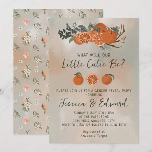 オレンジ色の柑橘グリーン小さな天使 性別発表 招待状 (正面/裏面)