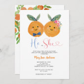 オレンジ色の柑橘類 男女 ピンク 花 性別発表 招待状 (正面/裏面)