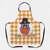 オレンジ色の格子柄のフクロウ – Happy Thanksgiving エプロン (正面)