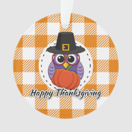 オレンジ色の格子柄のフクロウ – Happy Thanksgiving オーナメント