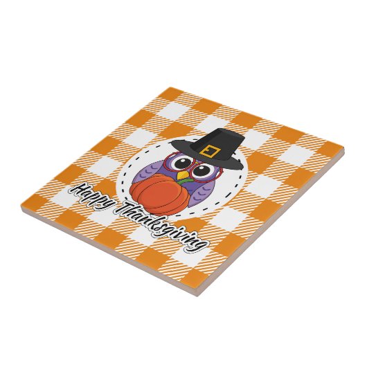オレンジ色の格子柄のフクロウ – Happy Thanksgiving タイル (側面)