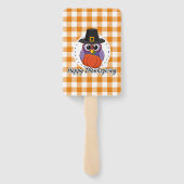 オレンジ色の格子柄のフクロウ – Happy Thanksgiving ハンドファン (裏面)