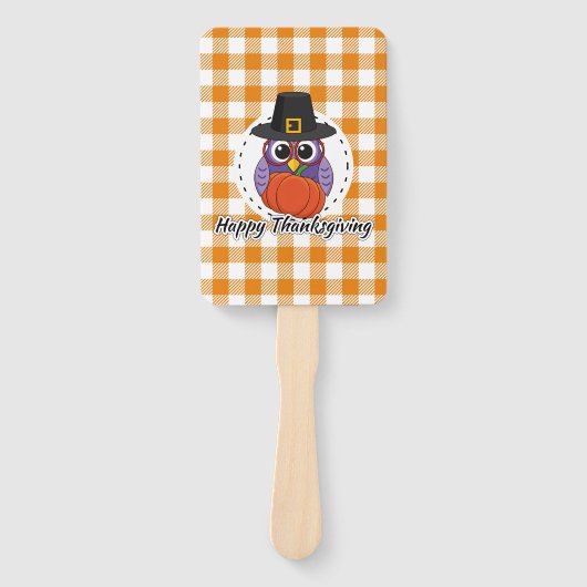 オレンジ色の格子柄のフクロウ – Happy Thanksgiving ハンドファン (正面)