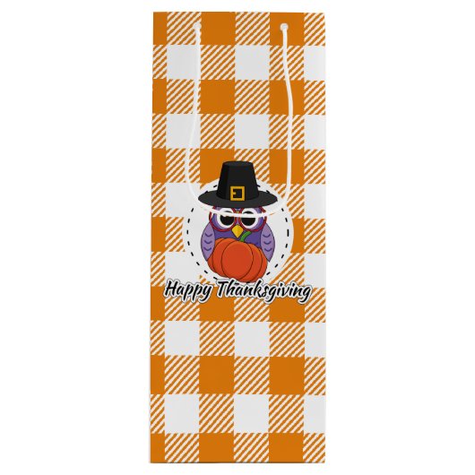 オレンジ色の格子柄のフクロウ – Happy Thanksgiving ワインギフトバッグ (正面)
