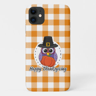オレンジ色の格子柄のフクロウ – Happy Thanksgiving iPhone 11 ケース