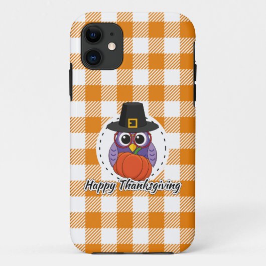 オレンジ色の格子柄のフクロウ – Happy Thanksgiving Case-Mate iPhoneケース (裏面)