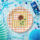 オレンジ色の格子模様のひまわり板紙 ペーパープレート (パーティー)