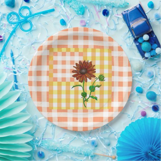 オレンジ色の格子模様のひまわり板紙 ペーパープレート (パーティー)