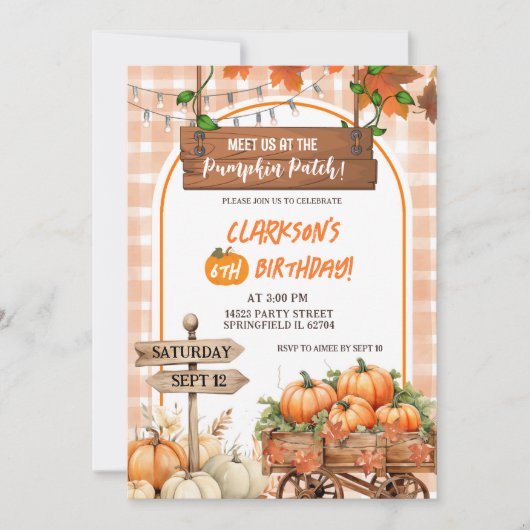 オレンジ色の格子模様のカボチャの誕生日 招待状 (正面)