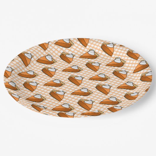 オレンジ色の格子模様のギンガムパンプキンパイ感謝祭 ペーパープレート (アングル)