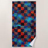 オレンジ色の格子模様は赤く、青く、汚フェイクい ビーチタオル (正面)