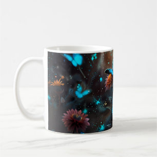 オレンジ色の植物に青い蝶 コーヒーマグカップ
