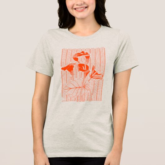 オレンジ色の植物を使ったミニマリストな花の線画アート トライブレンドＴシャツ (正面)