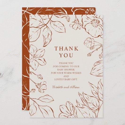 オレンジ色の植物性の赤ちゃんシャワーを燃やしてくれてありがとう サンキューカード (正面/裏面)