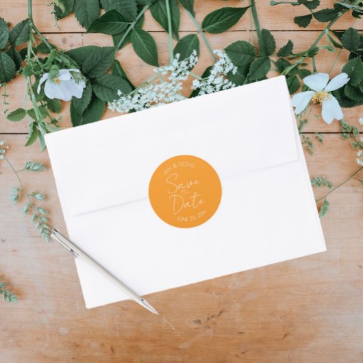 オレンジ色の様式化された結婚式の日付を保存 ラウンドシール