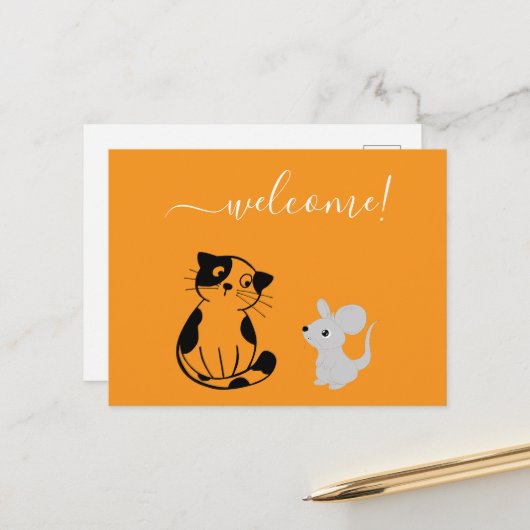 オレンジ色の歓迎はがき（猫とマウス付き） ポストカード (正面/裏面インサイチュ)