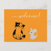 オレンジ色の歓迎はがき（猫とマウス付き） ポストカード (正面)