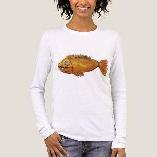 オレンジ色の歯の大きな魚のプリントTシャツ トライブレンドTシャツ