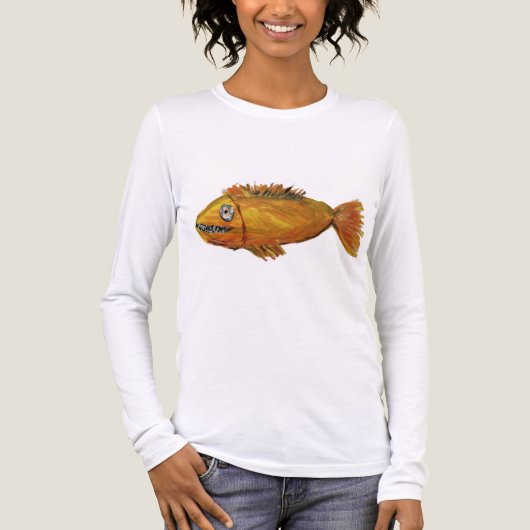 オレンジ色の歯の大きな魚のプリントTシャツ トライブレンドＴシャツ (正面)