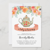 オレンジ色の水彩フローラベビーシャワーティーパーティー 招待状 (正面)