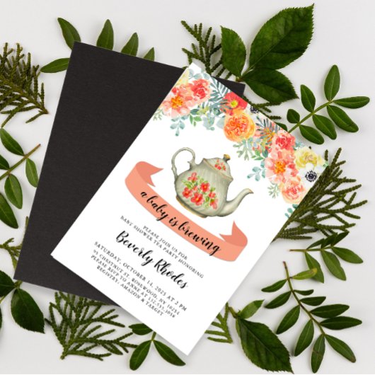 オレンジ色の水彩フローラベビーシャワーティーパーティー 招待状