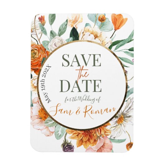 オレンジ色の水彩フローラ日付カードの保存 マグネット (縦)