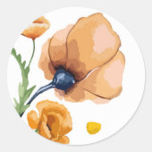 オレンジ色の水彩ポピー ラウンドシール (正面)