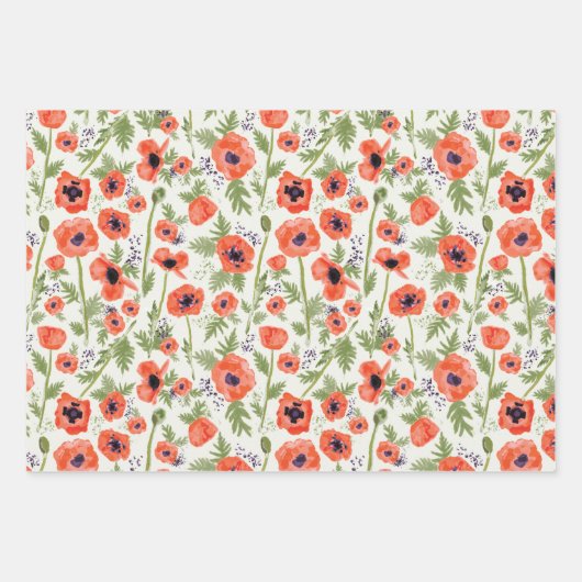 オレンジ色の水彩ポピー 花柄パターン ラッピングペーパーシート (正面)