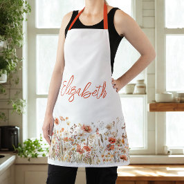 オレンジ色の水彩ワイルドフラワー エプロン