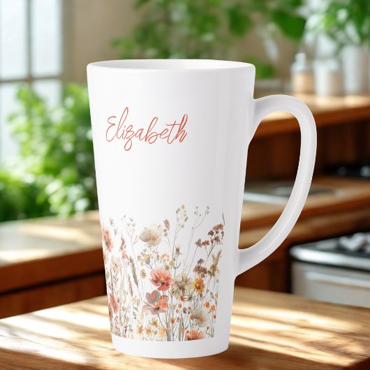 オレンジ色の水彩ワイルドフラワー カフェラテマグ