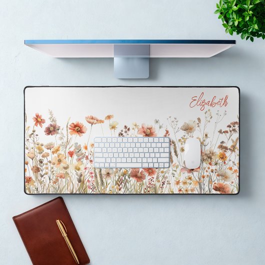 オレンジ色の水彩ワイルドフラワー デスクマット