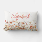 オレンジ色の水彩ワイルドフラワー ランバークッション (正面)